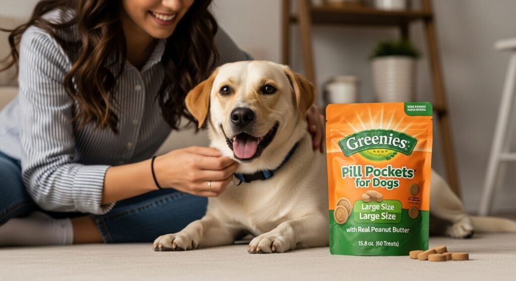 Greenies Pill Pockets for Dogs Large Size with Real Peanut Butter, a happy dog and owner interacting