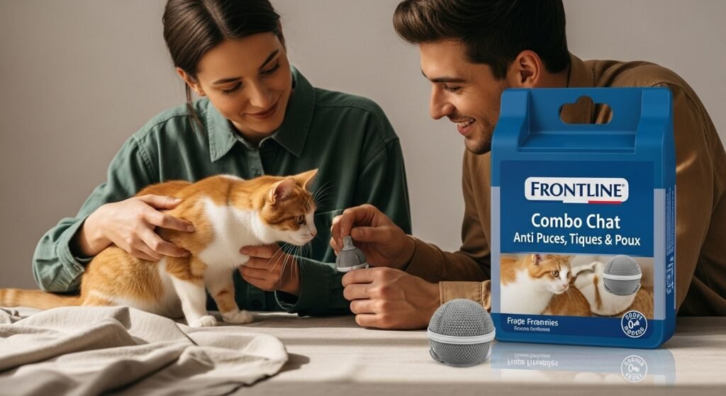 FRONTLINE Combo Chat Anti Puces Tiques Poux with a person interacting with a cat