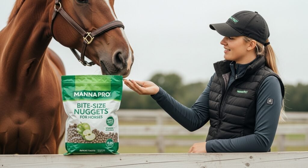 Manna Pro Bite-Size Nuggets for Horses in a 4lbs bag, a person offering apple-flavored treats to a horse