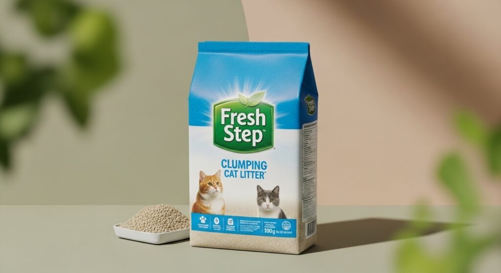 Fresh Step Clumping Cat Litter in original packaging on a soft-toned natural pet care background