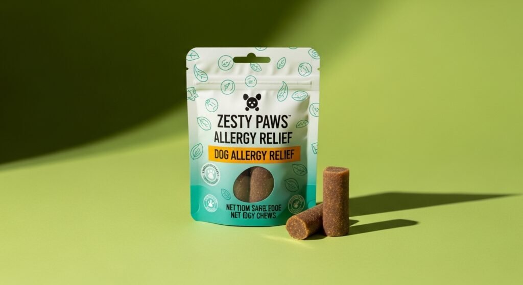 Zesty Paws Dog Allergy Relief chews in original packaging on a natural green background