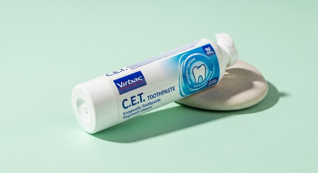Virbac C.E.T. Enzymatic Toothpaste on mint-green background