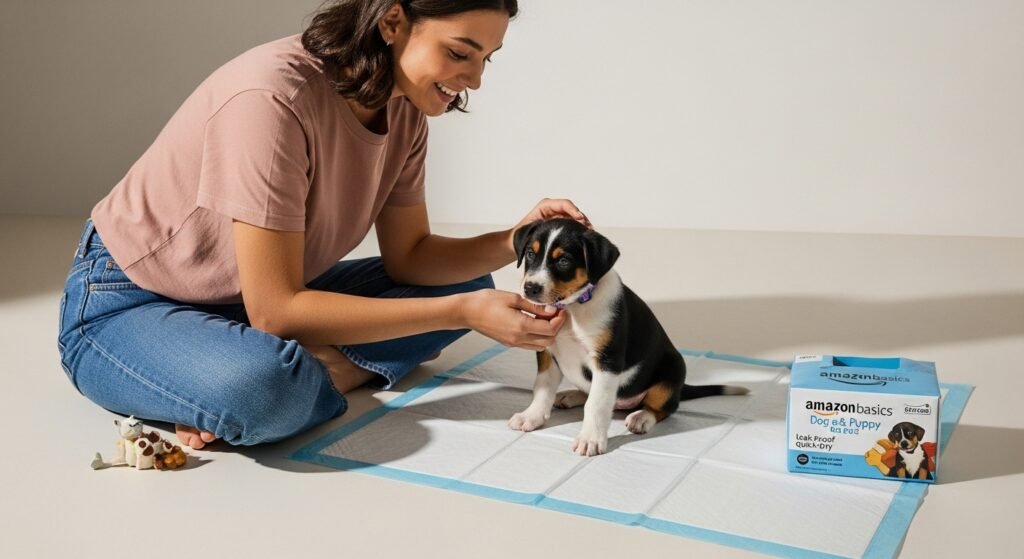 Amazon Basics Dog and Puppy Pee Pads with a young woman and puppy