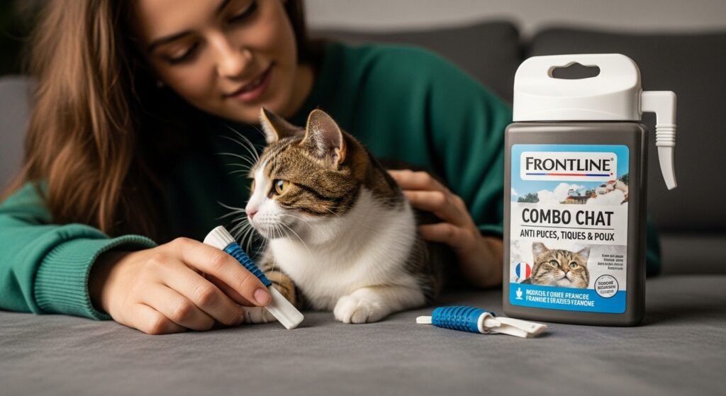 FRONTLINE Combo Chat Anti Puces, Tiques & Poux product with a person interacting with a cat