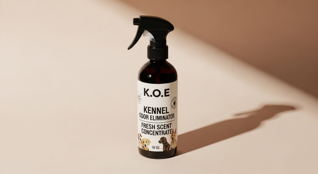 K.O.E Kennel Odor Eliminator Fresh Scent Concentrate 16 oz bottle on a natural-toned pet care background