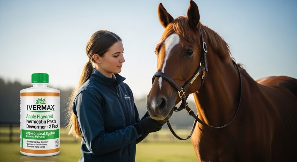 Ivermax Apple Flavored Ivermectin Equine Paste Dewormer 2 Pack with a person and horse