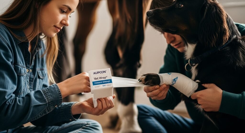 AUPCON Vet Wrap Cohesive Bandage gently wrapping a dog's paw with soft lighting