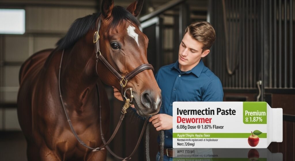 Ivermectin Paste Dewormer 6.08g dose with apple flavor, horse and young person interacting