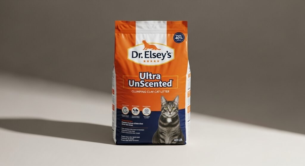 Dr. Elsey's Ultra UnScented Clumping Clay Cat Litter 40 lb. Bag on a neutral-toned background
