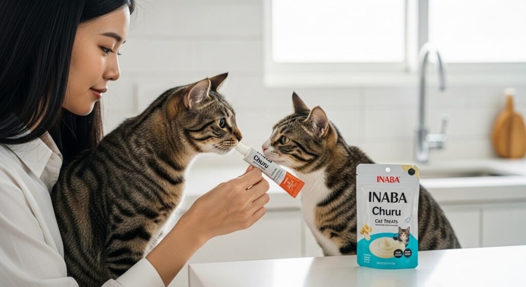 INABA Churu Cat Treats tube with creamy purée being squeezed, a person interacting with a cat