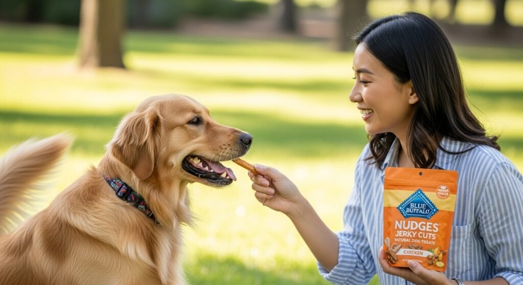 Blue Buffalo Nudges Jerky Cuts Natural Dog Treats Chicken with a happy dog and young woman interacting