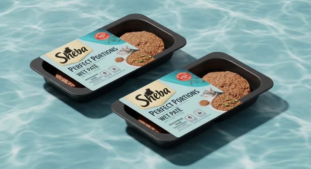 Sheba Perfect Portions Wet Cat Food Pate trays on ocean-blue background