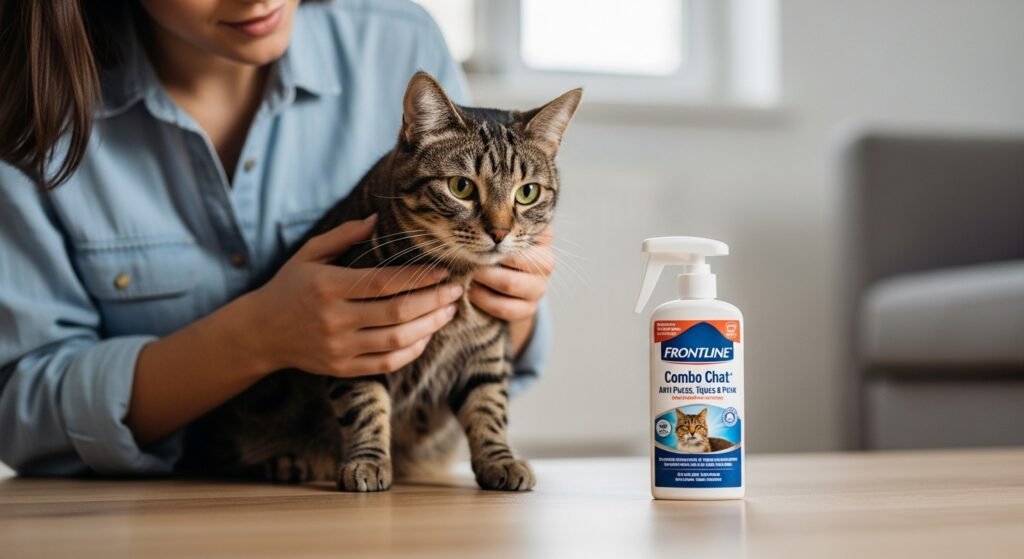 FRONTLINE Combo Chat spot-on treatment with a person gently interacting with a healthy cat