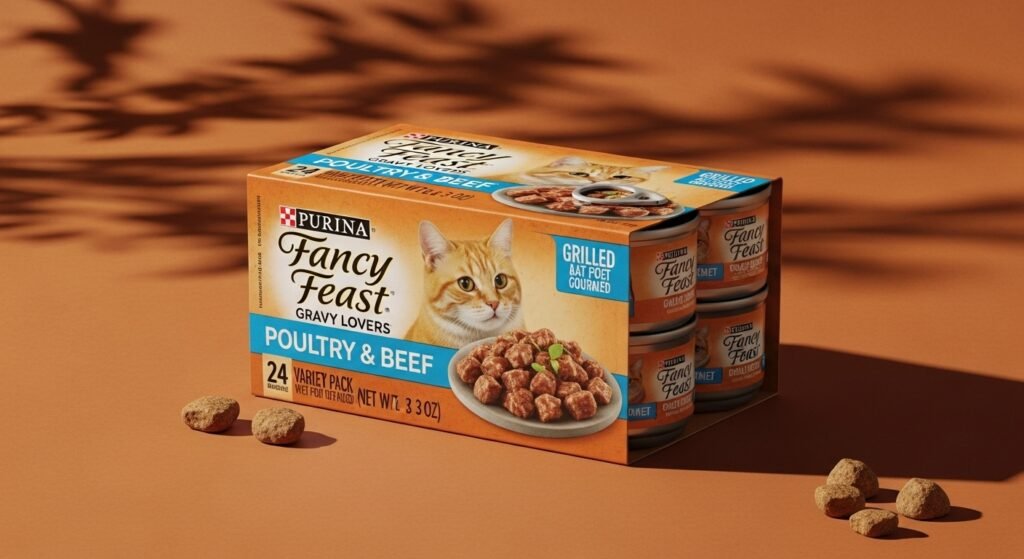 Purina Fancy Feast Gravy Lovers Poultry and Beef Grilled Gourmet Wet Cat Food Variety Pack on earthy-toned background