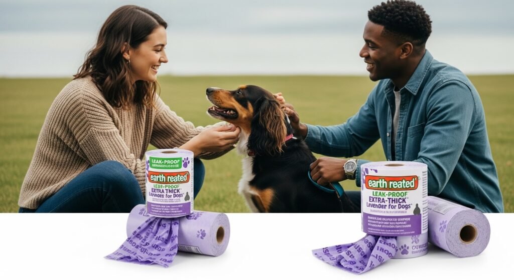 Earth Rated Poop Bags for Dogs with lavender scent, held by a person interacting with a dog