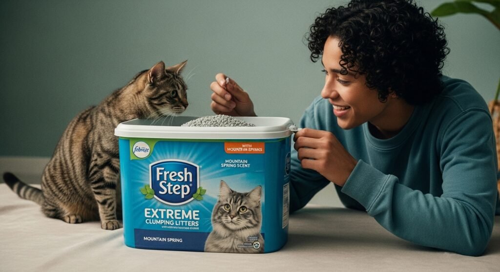 Fresh Step Extreme Clumping Litter with Febreze Freshness, Mountain Spring Scent, featuring a cat and a young woman interacting naturally