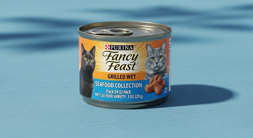 Purina Fancy Feast Grilled Wet Cat Food Seafood Collection in a variety pack of 24 cans