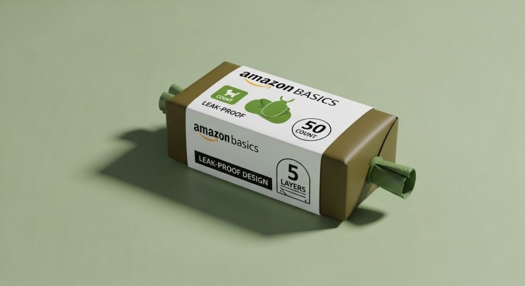 Amazon Basics 50-count dog poop bags with leak-proof design and 5 layers