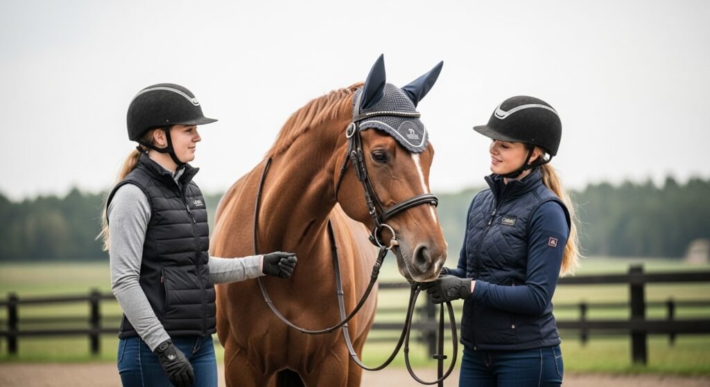 Cashel Crusader Fly Mask with Ears on a horse, young person interacting in rural setting