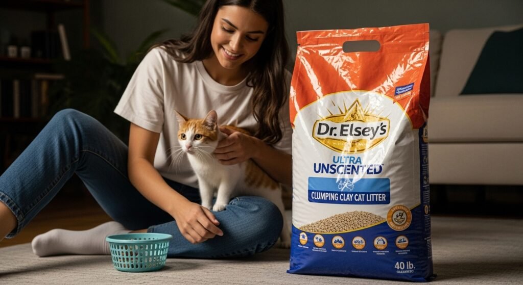 Dr. Elsey's Ultra UnScented Clumping Clay Cat Litter 40 lb. Bag with a person interacting with a cat