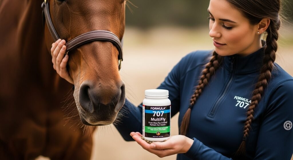 Formula 707 MultiFly Feed-Thru Fly Control Pellets for Horses with a person interacting naturally with a horse