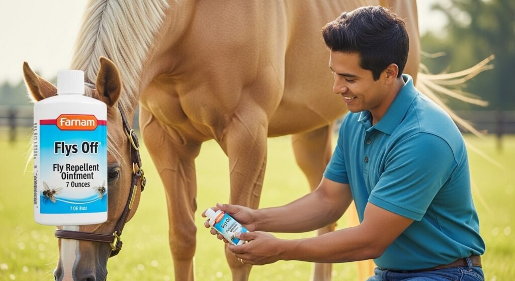 Farnam Flys Off Fly Repellent Ointment 7 Ounces applied by a person near a horse