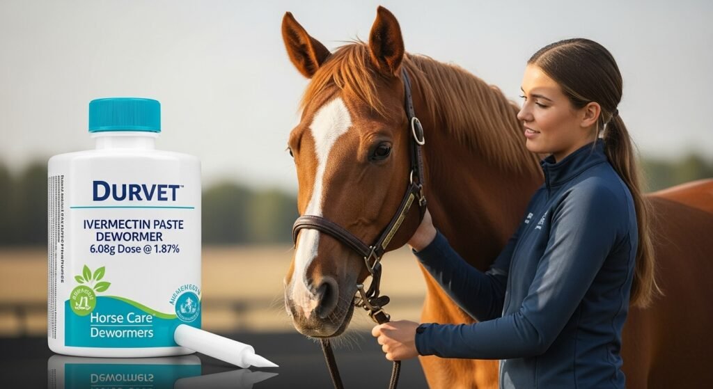 Durvet Ivermectin Paste Dewormer 6.08g dose with apple flavor, a young woman interacting with a horse