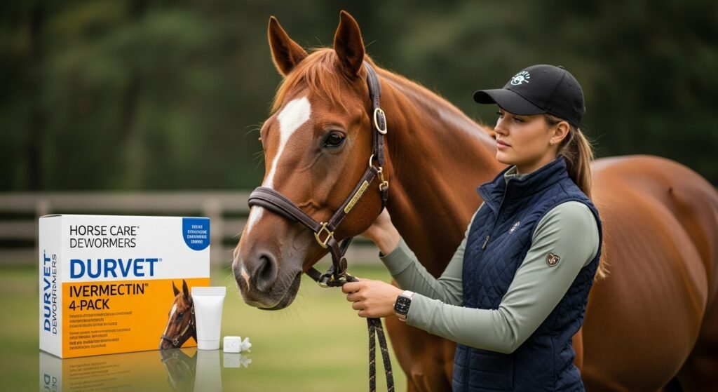 Durvet Ivermectin 4-Pack Dewormer with a person interacting with a horse
