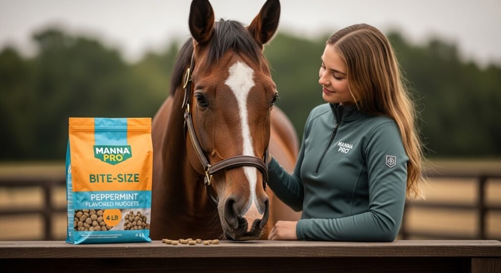 Manna Pro Bite-Size Peppermint Flavored Nuggets 4 LB bag with a horse and young woman interacting