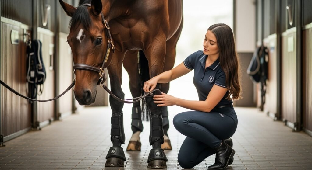 Fine Mesh Fly Boots on a horse with a young woman adjusting them in a sunlit stable