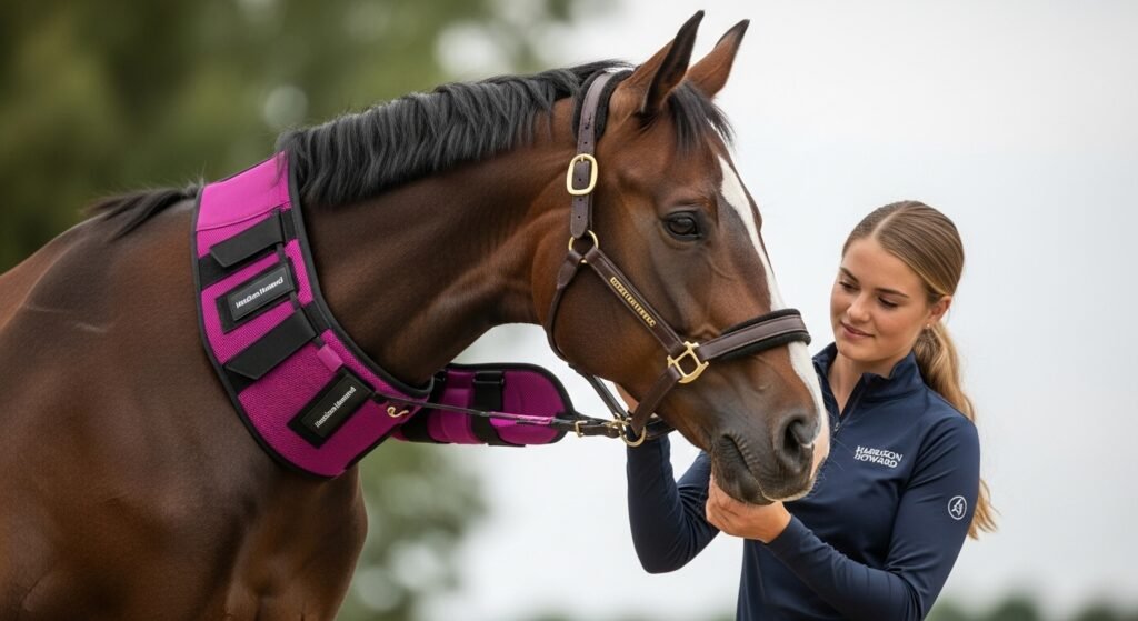 Magenta Harrison Howard Loose Fitting Fly Boots on a horse with a person interacting