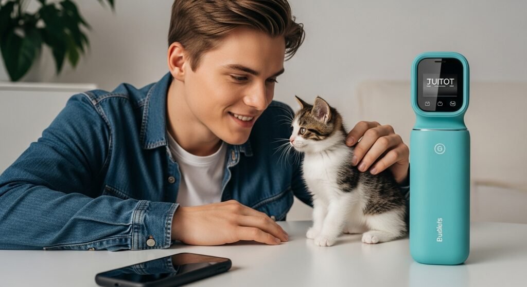 Young woman interacting with a high-end product from Category, showcasing natural interaction and premium aesthetics