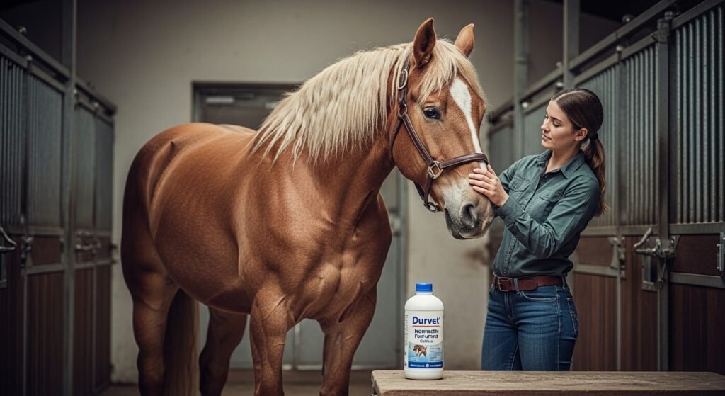 Durvet Ivermectin Pour On Dewormer 250mL bottle with a horse and young person interacting