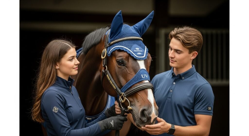 Harrison Howard CareMaster Pro Luminous Horse Fly Mask in Royal Blue on a horse with a person
