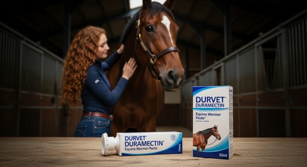 Durvet Duramectin Equine Wormer Paste - 3 Tubes with a horse and young person interacting
