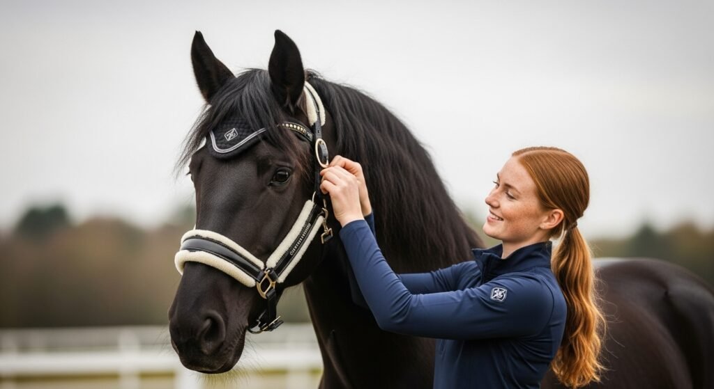 Harrison Howard CareMaster Pro Luminous Horse Fly Mask on a horse with a woman adjusting it
