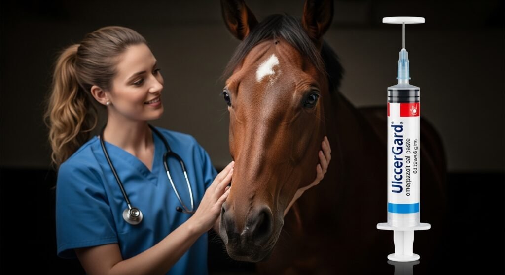 UlcerGard omeprazole oral paste syringe with a concerned horse and young veterinarian