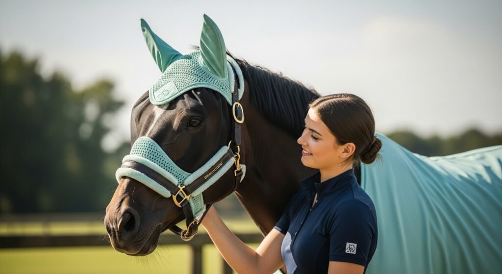 Harrison Howard All Round Mesh Horse Fly Mask UV Protective with Fleece Padded Edging Mint L on a horse with a person interacting