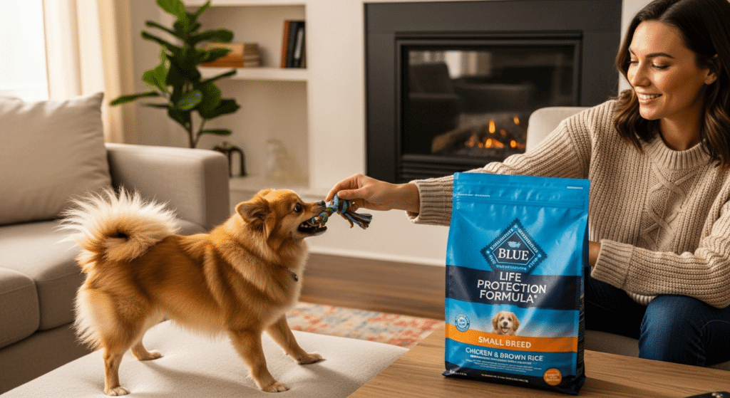 high quality dog food in cozy living room with playful dog