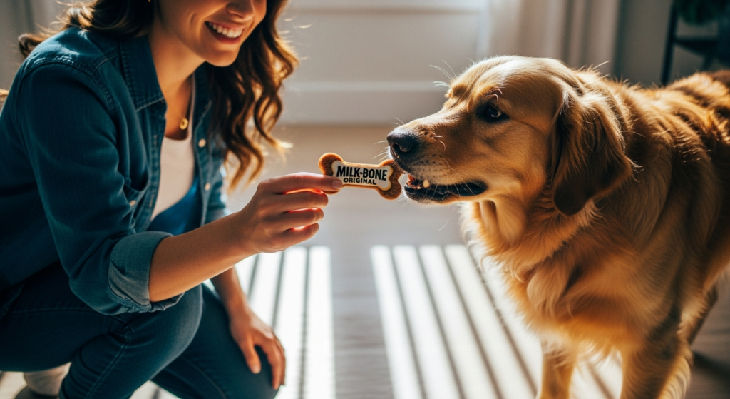 Young woman joyfully interacting with her dog using dog training treats