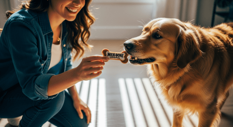 Young woman joyfully interacting with her dog using dog training treats