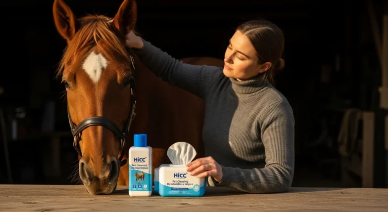 Adult woman grooming a calm horse with cleaning wipes