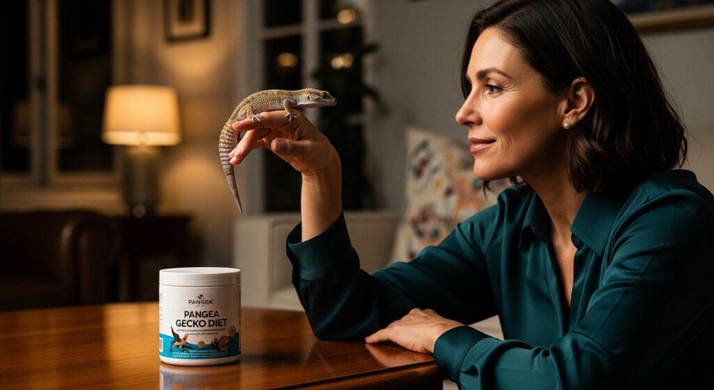 Pangea Crested Gecko Diet on a stylish surface with an adult woman and gecko