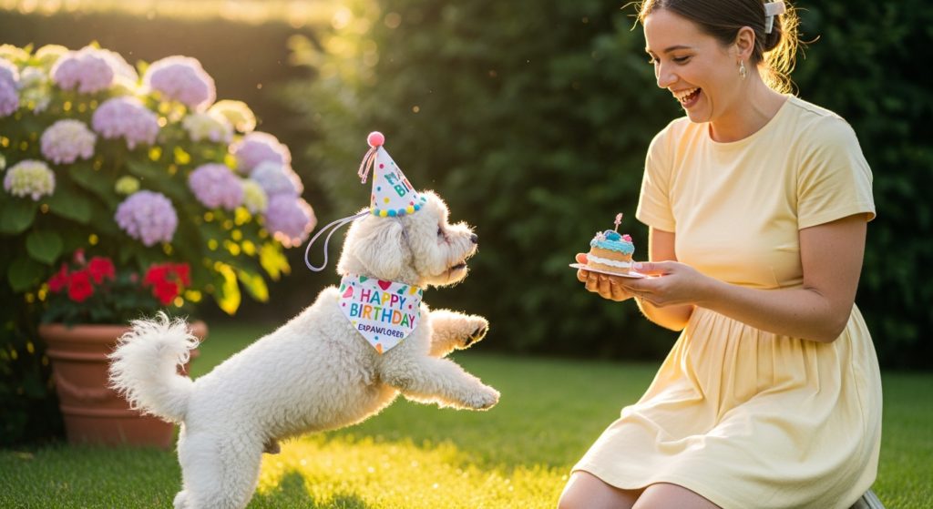 Dog bandana birthday celebration with playful interaction