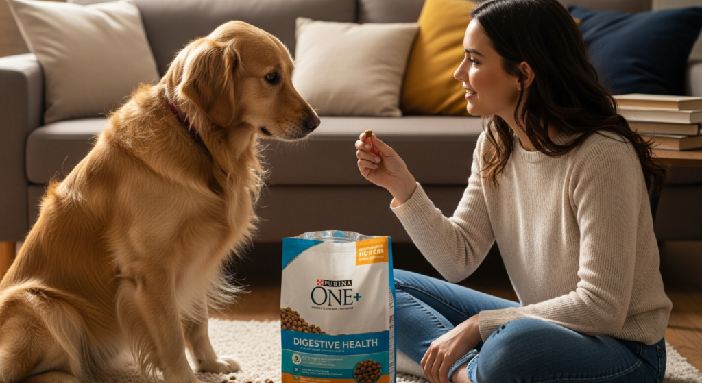 Golden retriever interacting with young woman over dog food for sensitive stomach