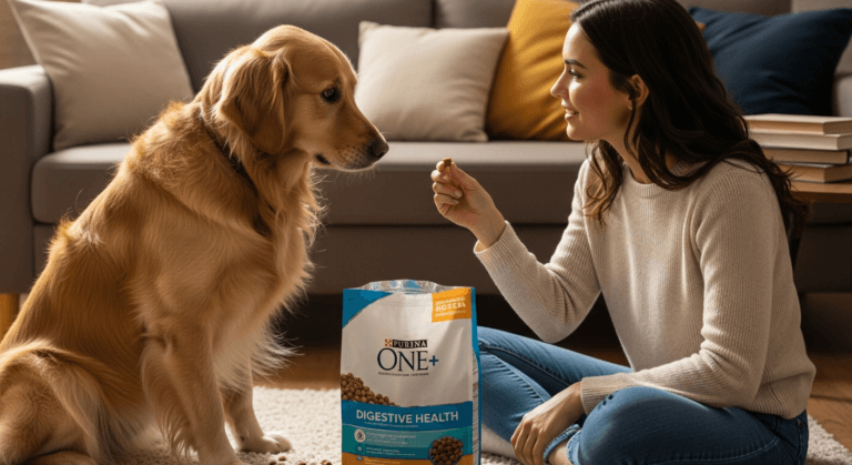 Golden retriever interacting with young woman over dog food for sensitive stomach