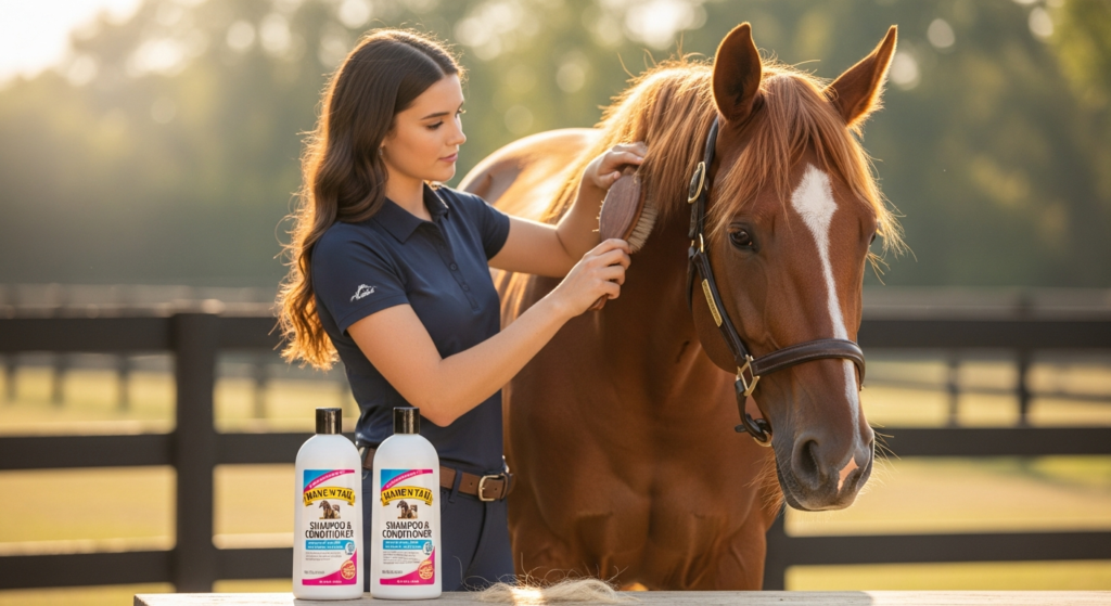young woman brushing her horse at a pet store near me