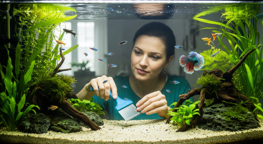 A young woman using a fish scraper cleaning tool in an aquarium