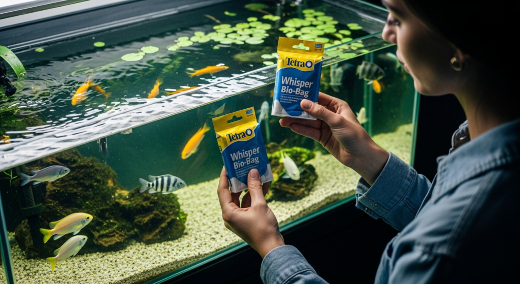 Young person engaging with an aquarium holding an aqueon filter