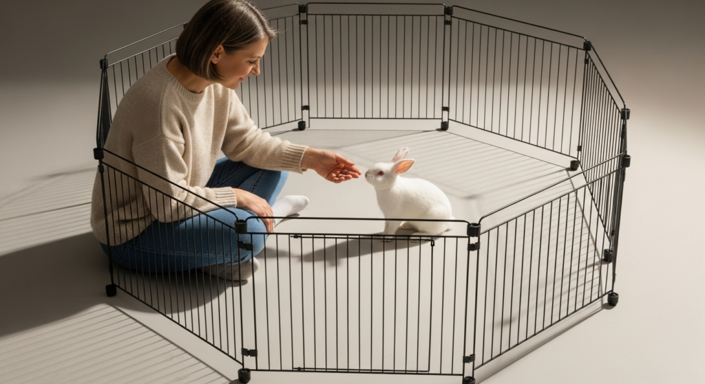 Cardboard hamster playpen with a playful bunny